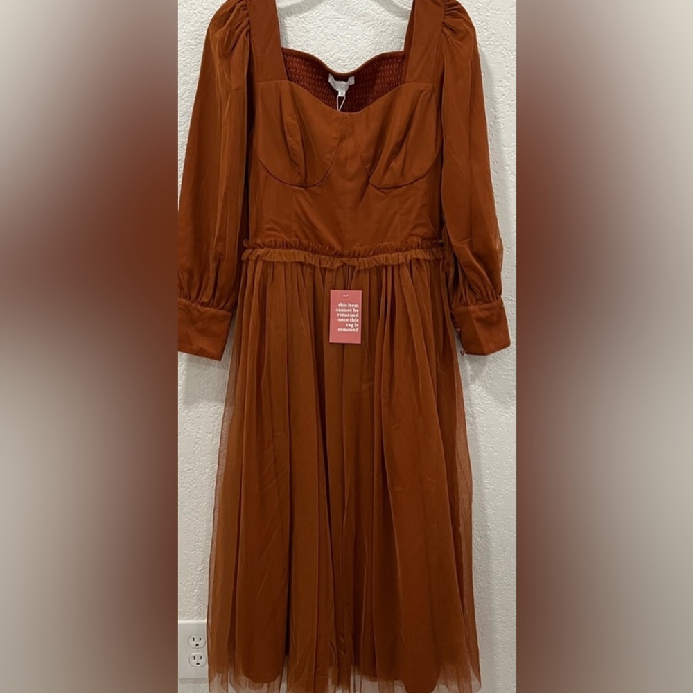 Ivy City Co. Dress NWT S Florence Midi Rust Tulle Sweatheart Smocked Puff Sleeve - Picture 3 of 10